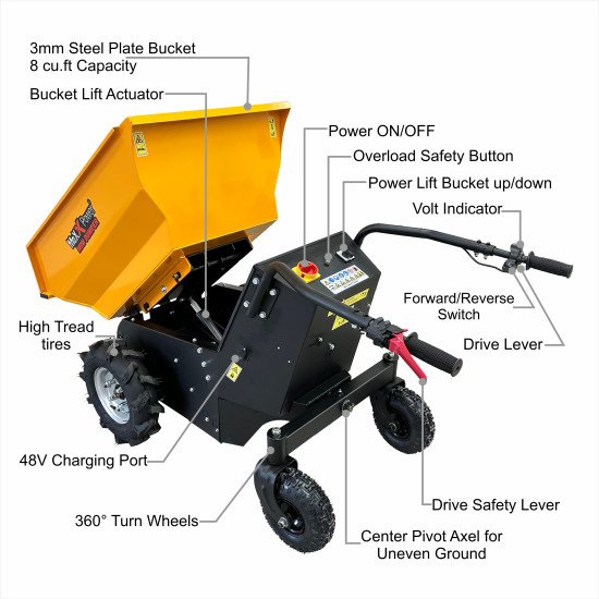 500kg 48V Electric Wheelbarrow Mini Dumper Power Lift Dump 360-Degree Turn